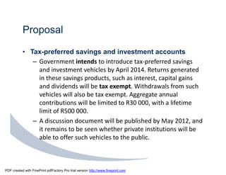 Proposal

           • Tax-preferred savings and investment accounts
              – Government intends to introduce tax-preferred savings
                and investment vehicles by April 2014. Returns generated
                in these savings products, such as interest, capital gains
                and dividends will be tax exempt. Withdrawals from such
                vehicles will also be tax exempt. Aggregate annual
                contributions will be limited to R30 000, with a lifetime
                limit of R500 000.
              – A discussion document will be published by May 2012, and
                it remains to be seen whether private institutions will be
                able to offer such vehicles to the public.



PDF created with FinePrint pdfFactory Pro trial version http://www.fineprint.com
 