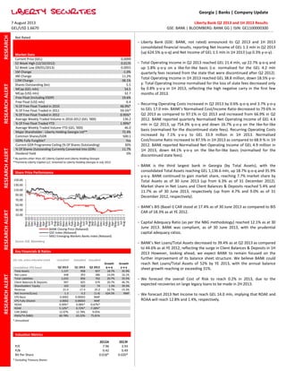 Georgia | Banks | Company Update

RESEARCH ALERT
RESEARCH ALERT
RESEARCH ALERT
RESEARCH
RESEARCH ALERT
RESEARCH ALERT
RESEARCH ALERT

7 August 2013
GEL/US$ 1.6670

Liberty Bank Q2 2013 and 1H 2013 Results
GSE: BANK | BLOOMBERG: BANK GG | ISIN: GE1100000300

Not Rated

Liberty Bank (GSE: BANK, not rated) announced its Q2 2013 and 1H 2013
consolidated financial results, reporting Net Income of GEL 1.3 mln in Q2 2013
(up 624.5% q-o-q) and Net Income of GEL 1.5 mln in 1H 2013 (up 0.3% y-o-y).

Market Data
Current Price (GEL)
52 Week High (12/10/2012)
52 Week Low (09/01/2013)
1M Change
3M Change
12M Change
Shares Outstanding (bn)
MCap (GEL mln)
MCap (US$ mln)
Free Float (Including ESOP)
Free Float (US$ mln)
% Of Free Float Traded in 2010
% Of Free Float Traded in 2011
% Of Free Float Traded in 2012
Average Weekly Traded Volume in 2010-2012 (GEL '000)
% Of Free Float Traded YTD
Average Weekly Traded Volume YTD (GEL '000)
Major Shareholder - Liberty Holding Georgia Ltd**
Common Shares/GDR
GDRs Fully Fungible?
Current GDR Programme Ceiling (% Of Shares Outstanding)
% Of Shares Outstanding Currently Converted Into GDRs
Dividend Yield

0.0099
0.0170
0.0055
-1.0%
11.2%
-38.1%
5.5
54.5
32.7
19.6%
6.4
46.9%*
59.5%*
0.95%*
136.2
1.99%*
46.0
72.4%
500:1
Yes
30%
11.7%
0%

* By parties other than JSC Liberty Capital and Liberty Holding Georgia
**Formerly Liberty Capital LLC; renamed to Liberty Holding Georgia in July 2012

150.00
130.00
110.00
90.00
70.00
50.00

BANK’s BIS (Basel I) CAR stood at 17.4% as of 30 June 2013 as compared to BIS
CAR of 18.3% as at YE 2012.

30.00
Nov-10
Dec-10
Dec-10
Jan-11
Mar-11
Mar-11
Apr-11
May-11
Jun-11
Jul-11
Aug-11
Sep-11
Oct-11
Nov-11
Dec-11
Jan-12
Feb-12
Mar-12
Apr-12
May-12
Jun-12
Jul-12
Aug-12
Sep-12
Oct-12
Nov-12
Dec-12
Jan-13
Feb-13
Mar-13
Apr-13
May-13
Jun-13
Jul-13
Aug-13

10.00

BANK Closing Price (Rebased)
GSE Index (Rebased)
MSCI Emerging Markets Banks Index (Rebased)

Source: GSE, Bloomberg

Key Financials & Ratios

GEL mln, unless otherwise noted
Consolidated, IFRS-based

RESEARCH ALERT

Recurring Operating Costs increased in Q2 2013 by 0.6% q-o-q and 3.7% y-o-y
to GEL 17.0 mln. BANK’s Normalised Cost/Income Ratio decreased to 79.6% in
Q2 2013 as compared to 97.1% in Q1 2013 and increased from 66.9% in Q2
2012. BANK reported quarterly Normalised Net Operating Income of GEL 4.4
mln in Q2 2013, up 754.3% q-o-q and down 16.7% y-o-y on the like-for-like
basis (normalised for the discontinued state fees). Recurring Operating Costs
increased by 7.1% y-o-y to GEL 33.9 million in 1H 2013. Normalised
Cost/Income Ratio increased to 87.5% in 1H 2013 as compared to 68.9 % in 1H
2012. BANK reported Normalised Net Operating Income of GEL 4.9 million in
1H 2013, down 44.1% y-o-y on the like-for-like basis (normalised for the
discontinued state fees).
BANK is the third largest bank in Georgia (by Total Assets), with the
consolidated Total Assets reaching GEL 1,136.6 mln, up 18.7% q-o-q and 35.9%
y-o-y. BANK continued to gain market share, reaching 7.7% market share by
Total Assets as of 30 June 2013 (up from 6.3% as of 31 December 2012).
Market share in Net Loans and Client Balances & Deposits reached 5.4% and
11.7% as of 30 June 2013, respectively (up from 4.7% and 9.0% as of 31
December 2012, respectively).

Share Price Performance

Total Assets
Net Loans
Total Liabilities
Client Balances & Deposits
Shareholders’ Equity
Revenue
Net Income/(Loss)
EPS Basic
EPS Fully Diluted
ROAA
ROAE
CAR (NBG)
RWA/TA (NBG)

Unaudited d Unaudited d Unaudited d

Q2 2013
1,137
448
1,033
997
103
21.4
1.3
0.0002
0.0002
0.49%*
5.12%*
12.07%
60.78%

Q1 2013
958
393
856
825
102
17.4
0.2
0.00003
0.00003
0.08%*
0.72%*
12.78%
63.22%

Q2 2012
837
386
762
679
74
25.2
(1.4)
NMF
NMF
-0.67%*
-7.28%*
9.05%
75.81%

Growth
q-o-q
18.7%
14.0%
20.7%
20.7%
1.3%
22.7%
624.5%

Growth
y-o-y
35.9%
16.1%
35.5%
46.7%
39.3%
-15.3%
NMF

* Annualised

ALERT
RESEARCH ALERT

Total Operating Income in Q2 2013 reached GEL 21.4 mln, up 22.7% q-o-q and
up 1.8% y-o-y on a like-for-like basis (i.e. normalised for the GEL 4.2 mln
quarterly fees received from the state that were discontinued after Q2 2012).
Total Operating Income in 1H 2013 reached GEL 38.8 million, down 18.5% y-oy. Total Operating Income normalised for the loss of state fees decreased only
by 0.8% y-o-y in 1H 2013, reflecting the high negative carry in the first few
months of 2013.

Valuation Metrics
P/E
P/B
BV Per Share

* Excluding Treasury Shares

2012A
7.96
0.42
0.018*

2013F
3.93
0.49
0.020*

Capital Adequacy Ratio (as per the NBG methodology) reached 12.1% as at 30
June 2013. BANK was compliant, as of 30 June 2013, with the prudential
capital adequacy ratios.
BANK’s Net Loans/Total Assets decreased to 39.4% as at Q2 2013 as compared
to 44.6% as at YE 2012, reflecting the surge in Client Balances & Deposits in 1H
2013 However, looking ahead, we expect BANK to remain focused on the
further improvement of its balance sheet structure. We believe BANK could
reach Net Loans/Total Assets of 52% by YE 2013, with the annual balance
sheet growth reaching or exceeding 31%.
We forecast the overall Cost of Risk to reach 0.2% in 2013, due to the
expected recoveries on large legacy loans to be made in 2H 2013.
We forecast 2013 Net Income to reach GEL 14.0 mln, implying that ROAE and
ROAA will reach 12.8% and 1.4%, respectively.

 