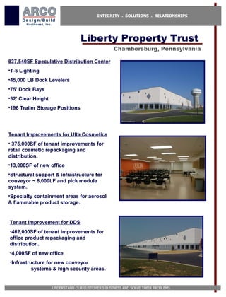 INTEGRITY . SOLUTIONS . RELATIONSHIPS




                                  Liberty Property Trust
                                                  Chambersburg, Pennsylvania

837,540SF Speculative Distribution Center
•T-5 Lighting
•45,000 LB Dock Levelers
•75’ Dock Bays
•32’ Clear Height
•196 Trailer Storage Positions




Tenant Improvements for Ulta Cosmetics
• 375,000SF of tenant improvements for
retail cosmetic repackaging and
distribution.
•13,000SF of new office
•Structural support & infrastructure for
conveyor ~ 8,000LF and pick module
system.
•Specialty containment areas for aerosol
& flammable product storage.


Tenant Improvement for DDS
•462,000SF of tenant improvements for
office product repackaging and
distribution.
•4,000SF of new office
•Infrastructure for new conveyor
          systems & high security areas.


                    UNDERSTAND OUR CUSTOMER’S BUSINESS AND SOLVE THEIR PROBLEMS
 