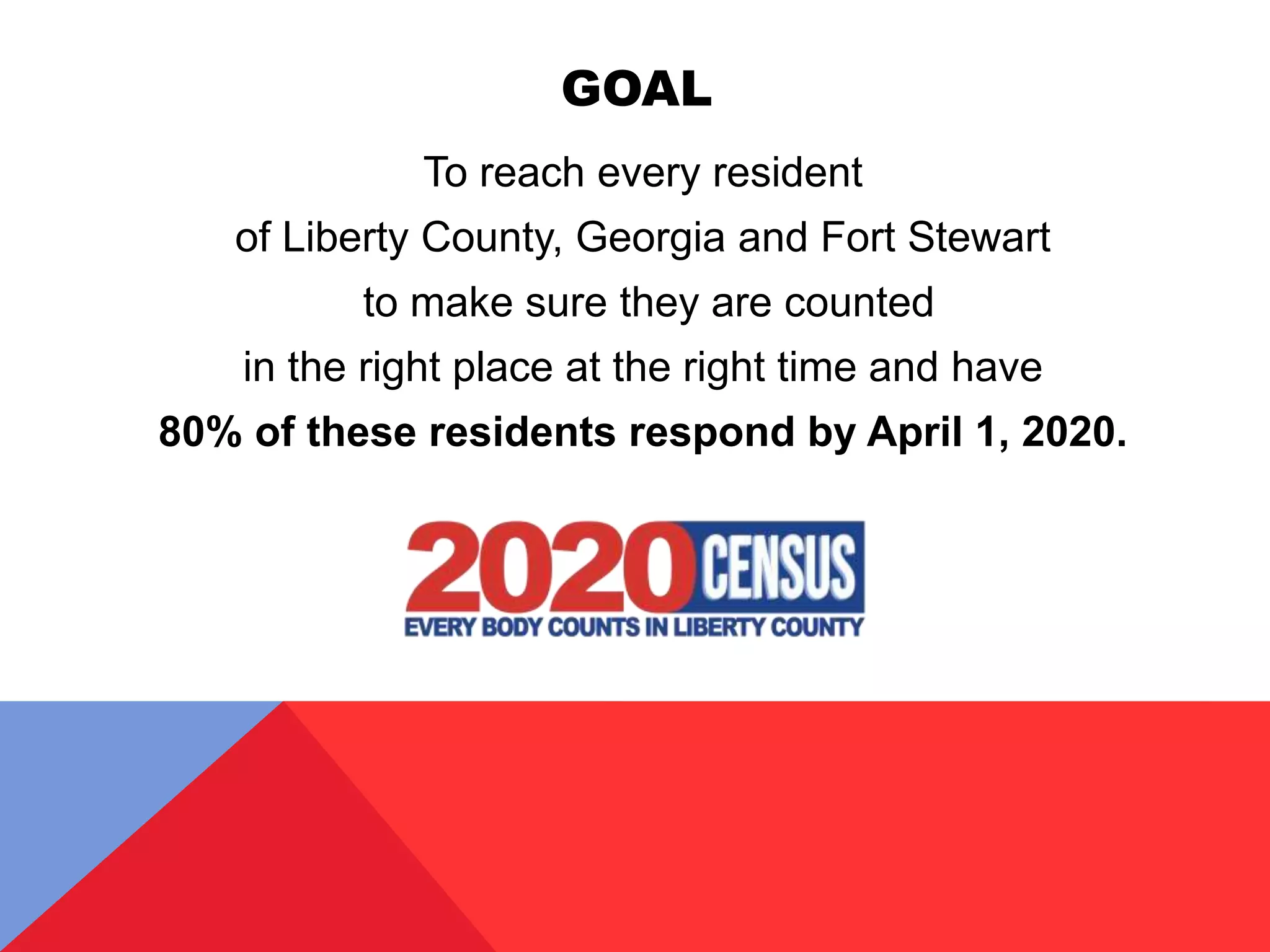 GOAL
To reach every resident
of Liberty County, Georgia and Fort Stewart
to make sure they are counted
in the right place at the right time and have
80% of these residents respond by April 1, 2020.
 