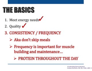 EliteFueling Sports Nutrition
Lindsey Remmers, MS, RD, CSSD, LMNT, C
THE BASICS
1. Meet energy needs
2. Quality
3. CONSIST...