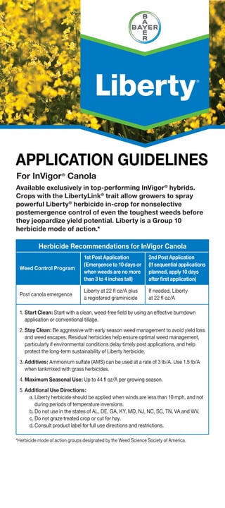 Herbicide Recommendations for InVigor Canola
Weed Control Program
1st Post Application
(Emergence to 10 days or
when weeds are no more
than 3 to 4 inches tall)
2nd Post Application
(If sequential applications
planned, apply 10 days
after first application)
Post canola emergence
Liberty at 22 fl oz/A plus
a registered graminicide
If needed, Liberty
at 22 fl oz/A
1.	Start Clean: Start with a clean, weed-free field by using an effective burndown
application or conventional tillage.
2.	Stay Clean: Be aggressive with early season weed management to avoid yield loss
and weed escapes. Residual herbicides help ensure optimal weed management,
particularly if environmental conditions delay timely post applications, and help
protect the long-term sustainability of Liberty herbicide.
3.	Additives: Ammonium sulfate (AMS) can be used at a rate of 3 lb/A. Use 1.5 lb/A
when tankmixed with grass herbicides.
4.	Maximum Seasonal Use: Up to 44 fl oz/A per growing season.
5.	Additional Use Directions:
a.	Liberty herbicide should be applied when winds are less than 10 mph, and not
during periods of temperature inversions.
b.	Do not use in the states of AL, DE, GA, KY, MD, NJ, NC, SC, TN, VA and WV.
c.	Do not graze treated crop or cut for hay.
d.	Consult product label for full use directions and restrictions.
*Herbicide mode of action groups designated by the Weed Science Society of America.
APPLICATION GUIDELINES
For InVigor®
Canola
Available exclusively in top-performing InVigor®
hybrids.
Crops with the LibertyLink®
trait allow growers to spray
powerful Liberty®
herbicide in-crop for nonselective
postemergence control of even the toughest weeds before
they jeopardize yield potential. Liberty is a Group 10
herbicide mode of action.*
 