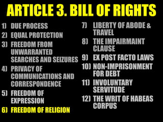 ARTICLE 3. BILL OF RIGHTS
1) DUE PROCESS             7) LIBERTY OF ABODE &
2) EQUAL PROTECTION            TRAVEL
3) FREEDOM FROM            8) THE IMPAIRMAINT
   UNWARRANTED                 CLAUSE
   SEARCHES AND SEIZURES   9) EX POST FACTO LAWS
4) PRIVACY OF              10) NON-IMPRISONMENT
   COMMUNICATIONS AND          FOR DEBT
   CORRESPONDENCE          11) INVOLUNTARY
5) FREEDOM OF                  SERVITUDE
   EXPRESSION              12) THE WRIT OF HABEAS
                               CORPUS
6) FREEDOM OF RELIGION
 