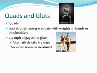 Quads and Gluts
 Quads
 best strengthening is squats with weights in hands or
on shoulders
 2.5 mph engages the gluts
 Alternatively take big steps
backward (even on treadmill)
 