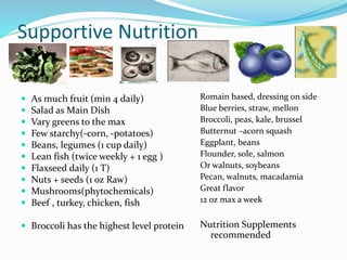 Supportive Nutrition
 As much fruit (min 4 daily)
 Salad as Main Dish
 Vary greens to the max
 Few starchy(-corn, -potatoes)
 Beans, legumes (1 cup daily)
 Lean fish (twice weekly + 1 egg )
 Flaxseed daily (1 T)
 Nuts + seeds (1 oz Raw)
 Mushrooms(phytochemicals)
 Beef , turkey, chicken, fish
 Broccoli has the highest level protein
Romain based, dressing on side
Blue berries, straw, mellon
Broccoli, peas, kale, brussel
Butternut –acorn squash
Eggplant, beans
Flounder, sole, salmon
Or walnuts, soybeans
Pecan, walnuts, macadamia
Great flavor
12 oz max a week
Nutrition Supplements
recommended
 