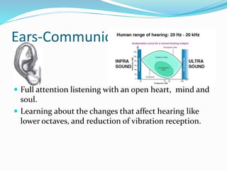 Ears-Communication
 Full attention listening with an open heart, mind and
soul.
 Learning about the changes that affect hearing like
lower octaves, and reduction of vibration reception.
 