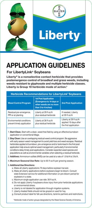 Herbicide Recommendations for LibertyLink®
Soybeans
Weed Control Program
1st Post Application
(Emergence to 14 days or
when weeds are no more
than 3 to 4 inches)
2nd Post Application
Residual pre-emergence,
PPI or at planting
Liberty at 29 ﬂ oz/A
plus residual herbicide
If needed, Liberty
at 29 ﬂ oz/A
Environmental conditions
prevent timely application
Liberty at 36 ﬂ oz/A
plus residual herbicide
Liberty at 29 ﬂ oz/A
applied 10 days after
the first application
1. Start Clean. Start with a clean, weed-free field by using an effective burndown
application or conventional tillage.
2. Stay Clean: Use an overlapping residual weed control program. Be aggressive
with early season weed management to avoid yield loss and weed escapes. Residual
herbicides applied at burndown, pre-emergence and/or tankmixed in the first post
application help ensure optimal weed management, particularly if environmental
conditions delay timely post applications. Consider expected weed species and
populations as well as environmental variables when selecting a residual herbicide.
3. Additives: Ammonium sulfate (AMS) can be used at a rate of 1.5 lb/A to 3 lb/A.
4. Maximum Seasonal Use Rate: Up to 65 ﬂ oz/A per growing season.
5. Additional Use Directions:
a. Make all Liberty applications 70 days before soybean harvest.
b. Make all Liberty applications before soybeans begin to bloom. Consult
state Extension service for additional information on pre-bloom period for
soybeans in a state.
c. Maximum single application use rate: 36 ﬂ oz/A.
d. Do not apply Liberty if soybeans show injury from prior herbicide applications
or environmental stress.
e. Liberty is not labeled for application through irrigation systems.
f. Liberty-treated fields should not be grazed or used for hay.
g. Consult product label for fall use directions, tankmix partners and restrictions.
APPLICATION GUIDELINES
For LibertyLink®
Soybeans
Liberty®
is a nonselective contact herbicide that provides
postemergence control of broadleaf and grass weeds, including
weeds resistant to glyphosate and multiple herbicide classes.
Liberty is Group 10 herbicide mode of action.*
*Herbicide mode of action groups designated by the Weed Science Society of America.
 