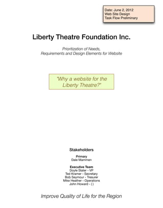 Date: June 2, 2012
                                          Web Site Design
                                          Task Flow Preliminary




Liberty Theatre Foundation Inc.
             Prioritization of Needs,
  Requirements and Design Elements for Website




          "Why a website for the
            Liberty Theatre?"




                  Stakeholders
                      Primary
                   Dale Mammen

                  Executive Team
                  Doyle Slater - VP
               Ted Kramer - Secretary
               Bob Seymour - Tresurer
              Mike Heather - Operations
                  John Howard - ( )



  Improve Quality of Life for the Region
 