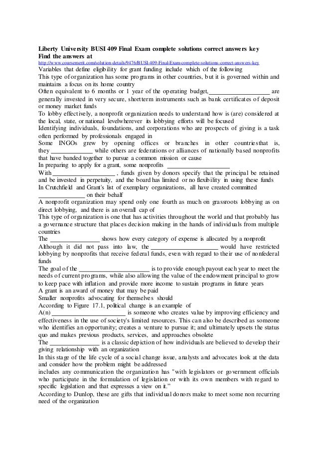 Liberty university busi 409 final exam complete solutions correct answers key