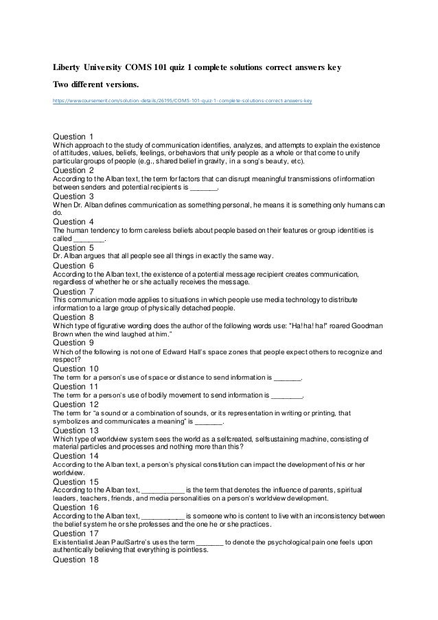 Liberty university coms 101 quiz 1 complete solutions correct answers…