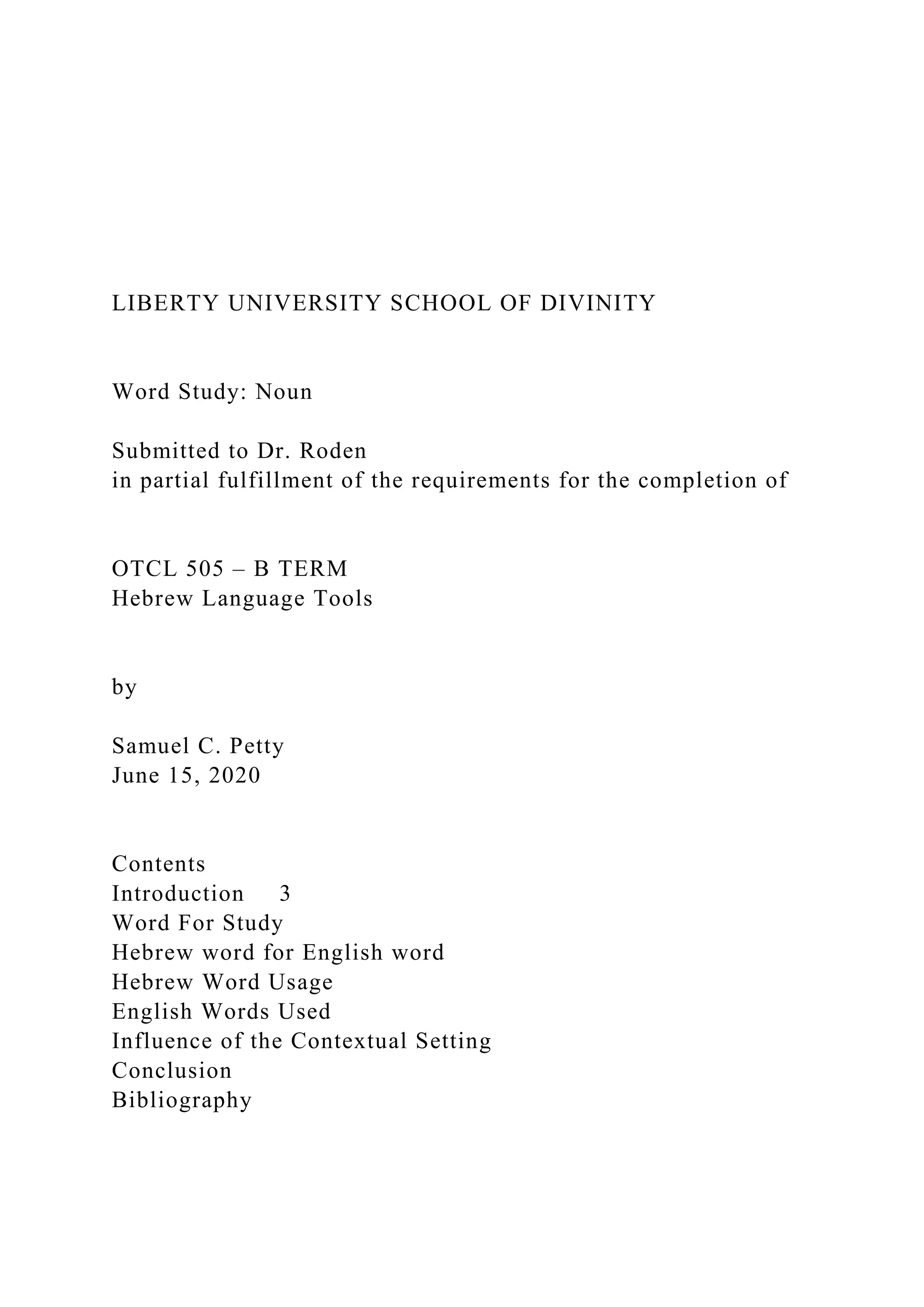 LIBERTY UNIVERSITY SCHOOL OF DIVINITY Word Study N.docx
