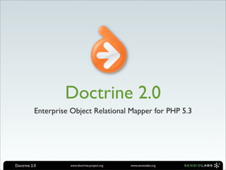 Doctrine 2.0
           Enterprise Object Relational Mapper for PHP 5.3




Doctrine 2.0         www.doctrine-project.org   www.sensiolabs.org
 