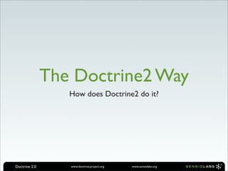 The Doctrine2 Way
                  How does Doctrine2 do it?




Doctrine 2.0      www.doctrine-project.org   www.sensiolabs.org
 