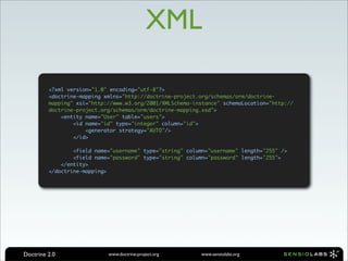 XML

         <?xml version="1.0" encoding="utf-8"?>
         <doctrine-mapping xmlns="http://doctrine-project.org/schemas/orm/doctrine-
         mapping" xsi="http://www.w3.org/2001/XMLSchema-instance" schemaLocation="http://
         doctrine-project.org/schemas/orm/doctrine-mapping.xsd">
             <entity name="User" table="users">
                 <id name="id" type="integer" column="id">
                     <generator strategy="AUTO"/>
                 </id>

                 <field name="username" type="string" column="username" length="255" />
                 <field name="password" type="string" column="password" length="255">
             </entity>
         </doctrine-mapping>




Doctrine 2.0                www.doctrine-project.org      www.sensiolabs.org
 