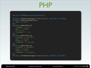 PHP
         use DoctrineORMMappingClassMetadataInfo;

         $metadata->setInheritanceType(ClassMetadataInfo::INHERITANCE_TYPE_NONE);
         $metadata->setPrimaryTable(array(
             'name' => 'users',
         ));
         $metadata->mapField(array(
             'fieldName' => 'id',
             'type' => 'integer',
             'id' => true,
             'columnName' => 'id',
         ));
         $metadata->mapField(array(
             'fieldName' => 'username',
             'type' => 'string',
             'length' => '255',
             'columnName' => 'username',
         ));
         $metadata->mapField(array(
             'fieldName' => 'password',
             'type' => 'string',
             'length' => '255',
             'columnName' => 'password',
         ));
         $metadata->setIdGeneratorType(ClassMetadataInfo::GENERATOR_TYPE_AUTO);




Doctrine 2.0                  www.doctrine-project.org        www.sensiolabs.org
 