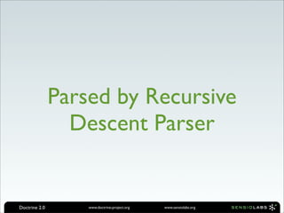 Parsed by Recursive
                 Descent Parser


Doctrine 2.0       www.doctrine-project.org   www.sensiolabs.org
 
