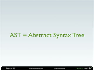 AST = Abstract Syntax Tree



Doctrine 2.0   www.doctrine-project.org   www.sensiolabs.org
 