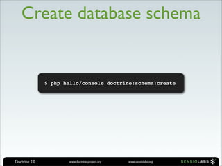 Create database schema


               $ php hello/console doctrine:schema:create




Doctrine 2.0          www.doctrine-project.org   www.sensiolabs.org
 