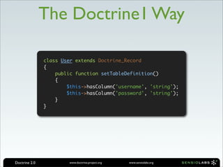 The Doctrine1 Way

               class User extends Doctrine_Record
               {
                   public function setTableDefinition()
                   {
                       $this->hasColumn('username', 'string');
                       $this->hasColumn('password', 'string');
                   }
               }




Doctrine 2.0            www.doctrine-project.org   www.sensiolabs.org
 
