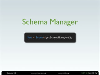 Schema Manager
                $sm = $conn->getSchemaManager();




Doctrine 2.0      www.doctrine-project.org   www.sensi...