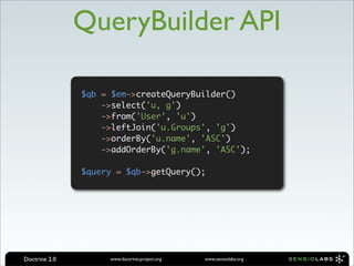 QueryBuilder API

               $qb = $em->createQueryBuilder()
                   ->select('u, g')
                   ->...