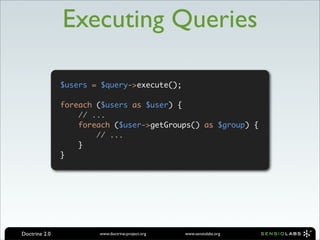 Executing Queries

               $users = $query->execute();

               foreach ($users as $user) {
                ...