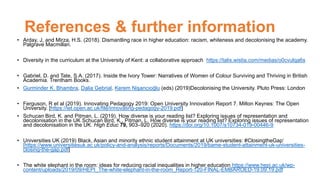 References & further information
• Arday, J, and Mirza, H.S. (2018). Dismantling race in higher education: racism, whiteness and decolonising the academy.
Palgrave Macmillan.
• Diversity in the curriculum at the University of Kent: a collaborative approach https://talis.wistia.com/medias/o0cvulqa6s
• Gabriel, D. and Tate, S.A. (2017). Inside the Ivory Tower: Narratives of Women of Colour Surviving and Thriving in British
Academia. Trentham Books.
• Gurminder K. Bhambra, Dalia Gebrial, Kerem Nişancıoğlu (eds) (2019)Decolonising the University. Pluto Press: London
• Ferguson, R et al (2019). Innovating Pedagogy 2019: Open University Innovation Report 7. Milton Keynes: The Open
University. [https://iet.open.ac.uk/file/innovating-pedagogy-2019.pdf]
• Schucan Bird, K. and Pitman, L. (2019). How diverse is your reading list? Exploring issues of representation and
decolonisation in the UK Schucan Bird, K., Pitman, L. How diverse is your reading list? Exploring issues of representation
and decolonisation in the UK. High Educ 79, 903–920 (2020). https://doi.org/10.1007/s10734-019-00446-9
• Universities UK (2019) Black, Asian and minority ethnic student attainment at UK universities: #ClosingtheGap‘
[https://www.universitiesuk.ac.uk/policy-and-analysis/reports/Documents/2019/bame-student-attainment-uk-universities-
closing-the-gap.pdf]
• The white elephant in the room: ideas for reducing racial inequalities in higher education https://www.hepi.ac.uk/wp-
content/uploads/2019/09/HEPI_The-white-elephant-in-the-room_Report-120-FINAL-EMBAROED-19.09.19.pdf
 