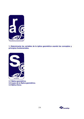 138
1. Determinarás las variables de la óptica geométrica usando los conceptos y
principios fundamentales.
3.1 Óptica geométrica.
3.2 Leyes de la Óptica geométrica.
3.3 Óptica física.
 