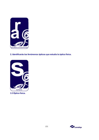 151
2. Identificarás los fenómenos ópticos que estudia la óptica física.
3.3 Óptica física.
 