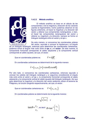68
1.4.2.2 Método analítico.
El método analítico se basa en el cálculo de las
componentes o de la magnitud y dirección de los vectores
usando la trigonometría. Como podemos observar en las
figuras anteriores, al trazar la magnitud y la dirección del
vector y obtener sus componentes rectangulares; o bien,
al trazar las componentes rectangulares del vector y
obtener su magnitud y la dirección, siempre se forma un
triángulo rectángulo entre el vector y el eje x.
De esta manera, si conocemos las coordenadas polares
del vector, equivale a conocer la hipotenusa y el ángulo
de un triángulo rectángulo, entonces para determinar las coordenadas cartesianas,
podemos tomar el ángulo más corto entre el eje x y el vector. De esta manera, la
componente horizontal corresponde al cateto adyacente y la componente vertical
corresponde al cateto opuesto, así que, el vector:
Que en coordenadas polares es: v vθ
= °
r
En coordenadas cartesianas se determinará de la siguiente manera:
( ) ( )
, cos ,
x y
v v vsen
v v θ θ
= =
r
Por otro lado, si conocemos las coordenadas cartesianas, entonces equivale a
conocer los catetos del triángulo rectángulo y si seguimos considerando el ángulo
más corto entre el vector y el eje x, la componente horizontal corresponde al cateto
adyacente y la componente vertical al cateto opuesto del triángulo rectángulo. Así que
para determinar la magnitud y la dirección del vector podemos utilizar el teorema de
Pitágoras y la función tangente respectivamente, así que, el vector:
Que en coordenadas cartesianas es: ( )
,
x y
v v v
=
r
En coordenadas polares se determinarán de la siguiente manera:
2 2
x y
v v v
= + y
tan y
x
v
v
θ = , es decir: 1
tan
y
x
v
v
θ −  
=  
 
 
