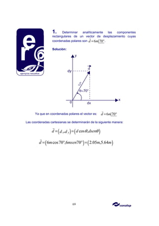 69
1. Determinar analíticamente las componentes
rectangulares de un vector de desplazamiento cuyas
coordenadas polares son 6 70
d m
= °
r
.
Solución:
Ya que en coordenadas polares el vector es: 6 70
d m
= °
r
Las coordenadas cartesianas se determinarán de la siguiente manera:
( ) ( )
, cos ,
x y
d d dsen
d d θ θ
= =
r
( ) ( )
6 cos70 ,6 70 2.05 ,5.64
d m msen m m
= ° ° =
r
 