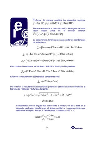 76
1.Sumar de manera analítica los siguientes vectores:
1
8 40
m
d = °
r ,
2
6 120
m
d = °
r y
3
12 210
m
d = °
r .
Primero realizamos la descomposición rectangular de cada
vector según vimos en la sección anterior:
( ) ( )
, cos ,
x y
d d dsen
d d θ θ
= =
r
De esta manera, tenemos que cada vector en coordenadas
cartesianas es:
( )
1
8 cos40 ,8 40 (6.13 ,5.14 )
m msen m m
d = ° ° =
r
( )
2
6 cos60 ,6 60 ( 3.00 ,5.20 )
m msen m m
d = − ° ° = −
r
( )
3
12 cos30 , 12 30 ( 10.39 , 6.00 )
m msen m m
d = − ° − ° = − −
r
Para obtener la resultante, es necesario realizar la suma por componentes:
(6.13 3.00 10.39 ,5.14 5.20 6.00 )
R
m m m m m m
d = − − + −
r
Entonces la resultante en coordenadas cartesianas será:
( 7.26 ,4.34 )
R
m m
d = −
r
Por lo tanto, la resultante en coordenadas polares se obtiene usando nuevamente el
teorema de Pitágoras y la función tangente:
2 2
2 2 2
(7.26 ) (4 34 ) 71.54
x y
d m m
d d N
= = =
+ −
+
8.46
d m
=
Considerando que el ángulo más corto entre el vector y el eje x está en el
segundo cuadrante, calcularemos el ángulo auxiliar α y posteriormente para
determinar el ángulo director θ, calcularemos la diferencia 180°- α.
4.34
tan 0.60
7.26
y
x
m
d
m
d
α = = = ,
 