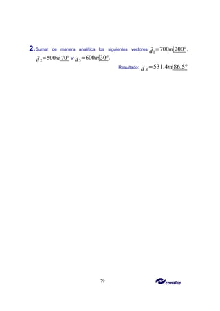 79
2.Sumar de manera analítica los siguientes vectores:
1
700 200
m
d = °
r
,
2
500 70
m
d = °
r
y
3
600 30
m
d = °
r
.
Resultado: 531.4 86.5
R
m
d = °
r
 