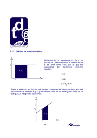 88
2.2.3 Gráficas de velocidad-tiempo.
Gráficamente, la representación de v en
función de t. Habitualmente, el instante inicial
t0 se toma como cero, por lo que las
ecuaciones del movimiento uniforme
resultan.
0
a=
v cte
=
0
x x vt
= +
Dada la velocidad en función del tiempo, obtenemos el desplazamiento x-x0 del
móvil entre los instantes t0 y t, gráficamente (área de un rectángulo + área de un
triángulo), o integrando, obtenemos:
 