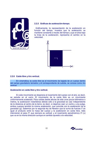 93
2.2.5 Gráficas de aceleración-tiempo.
Gráficamente, la representación de la aceleración en
función del tiempo, muestra que la aceleración se
mantiene constante a través del tiempo y que el área bajo
la línea de la aceleración, representa el cambio en la
velocidad.
2.2.6 Caída libre y tiro vertical.
En cinemática, la caída libre es el movimiento de bajada de un cuerpo dentro
del campo gravitatorio terrestre y el correspondiente de subida, se conoce como tiro
vertical.
Aceleración en caída libre y tiro vertical.
En este movimiento se desprecia el rozamiento del cuerpo con el aire, es decir,
se estudia en el vacío. El movimiento de la caída libre es un movimiento
uniformemente acelerado. Para caídas desde alturas de sólo unos pocos kilómetros o
metros, la aceleración instantánea debida sólo a la gravedad es casi independiente
de la distancia al centro de la tierra, es decir, si dejamos caer un coche y una pulga,
ambos cuerpos tendrán la misma aceleración, que coincide con la aceleración de la
gravedad (g). Sabemos por la segunda ley de Newton que la suma de fuerzas F es
igual al producto entre la masa del cuerpo y la aceleración en caída libre. Sólo
intervienen el peso P, que siempre es vertical, y el rozamiento aerodinámico Fr (v)
que va en la misma dirección aunque en sentido opuesto a la velocidad.
 