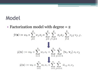 Model
• Factorization model with degree = 2
 