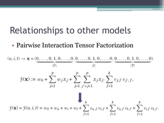 Relationships to other models
• Pairwise Interaction Tensor Factorization
 