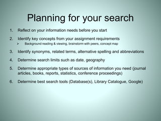 Planning for your search
1. Reflect on your information needs before you start
2. Identify key concepts from your assignment requirements
 Background reading & viewing, brainstorm with peers, concept map
3. Identify synonyms, related terms, alternative spelling and abbreviations
4. Determine search limits such as date, geography
5. Determine appropriate types of sources of information you need (journal
articles, books, reports, statistics, conference proceedings)
6. Determine best search tools (Database(s), Library Catalogue, Google)
 
