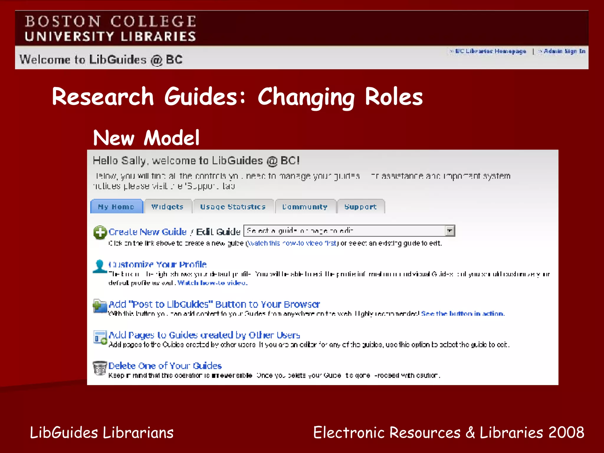 New Model Research Guides: Changing Roles Electronic Resources & Libraries 2008 LibGuides Librarians 