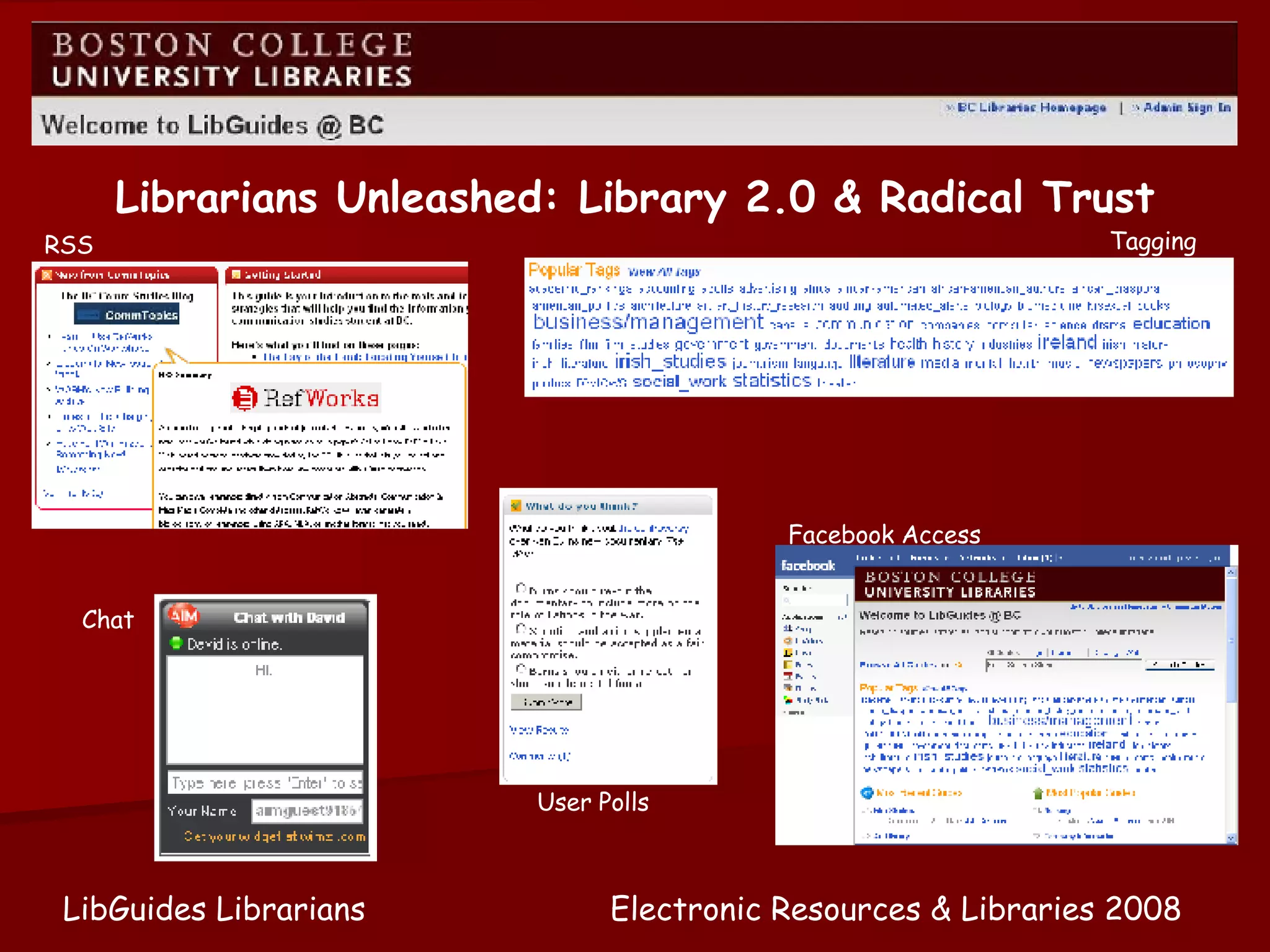 RSS Tagging Facebook Access Chat User Polls Librarians Unleashed: Library 2.0 & Radical Trust Electronic Resources & Libraries 2008 LibGuides Librarians 