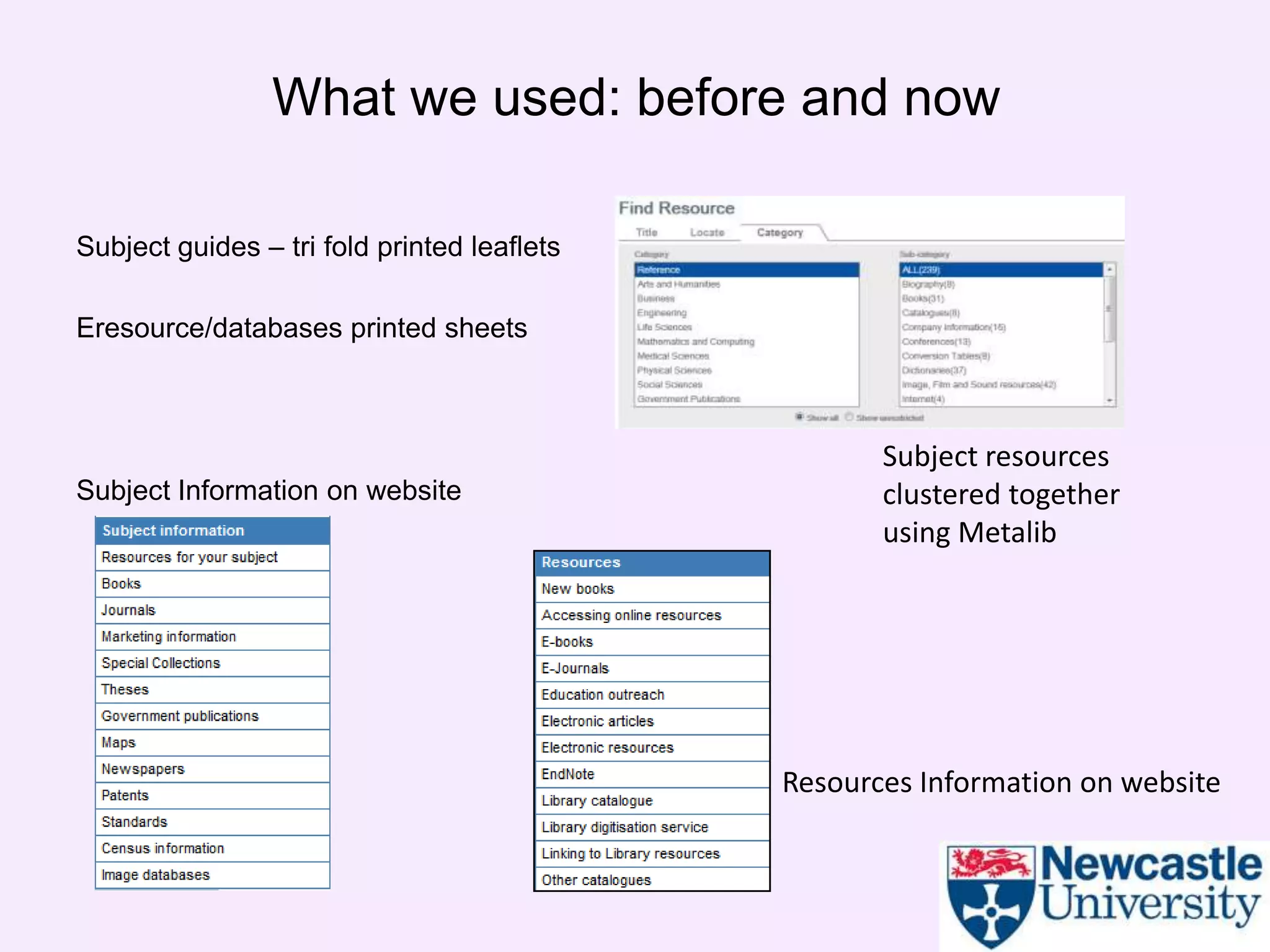 What we used: before and now

Subject guides – tri fold printed leaflets

Eresource/databases printed sheets



                                                    Subject resources
Subject Information on website                      clustered together
                                                    using Metalib




                                             Resources Information on website
 