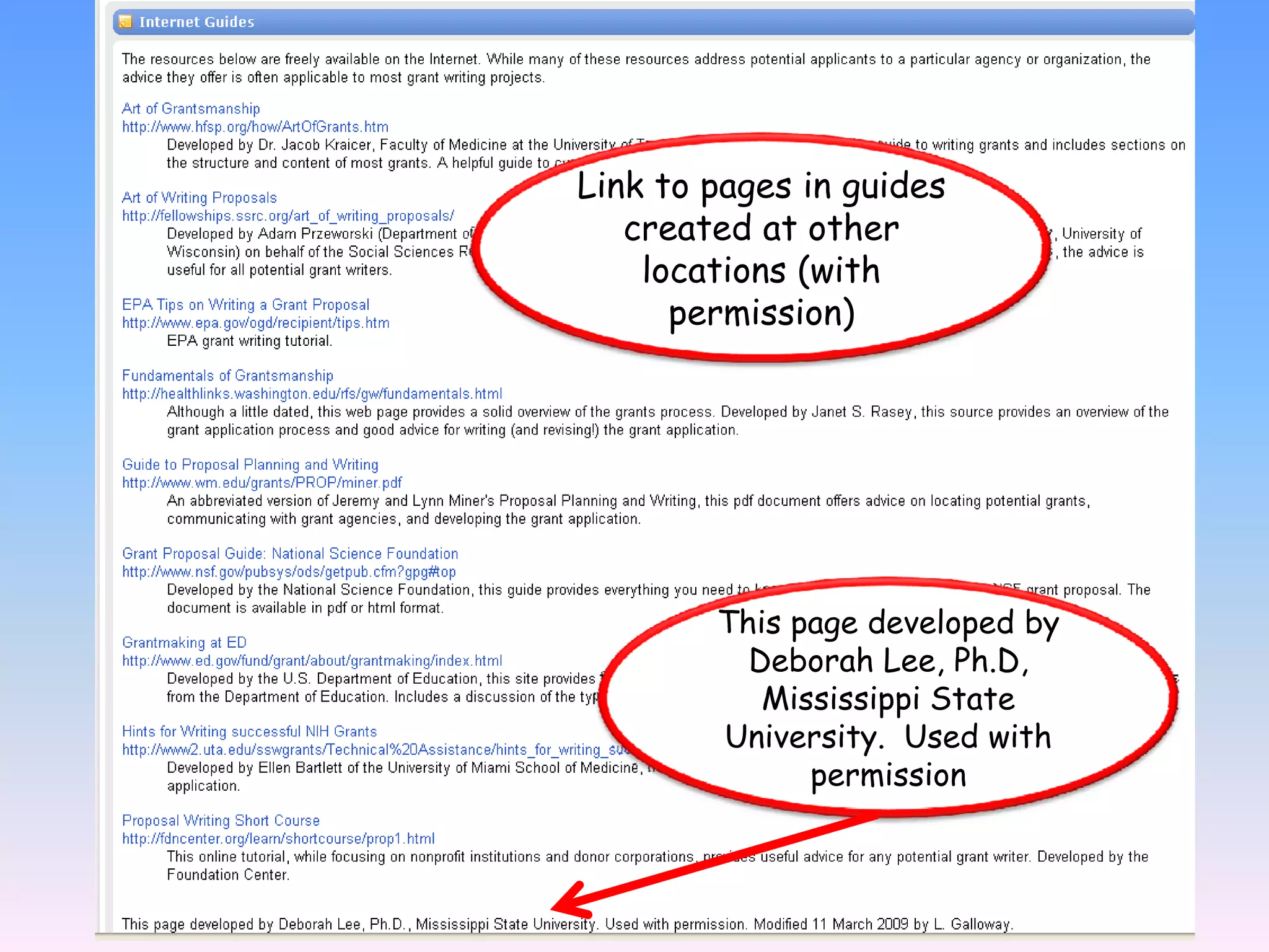Link to pages in guides
   created at other
    locations (with
      permission)




        This page developed by
          Deborah Lee, Ph.D,
           Mississippi State
        University. Used with
              permission
 