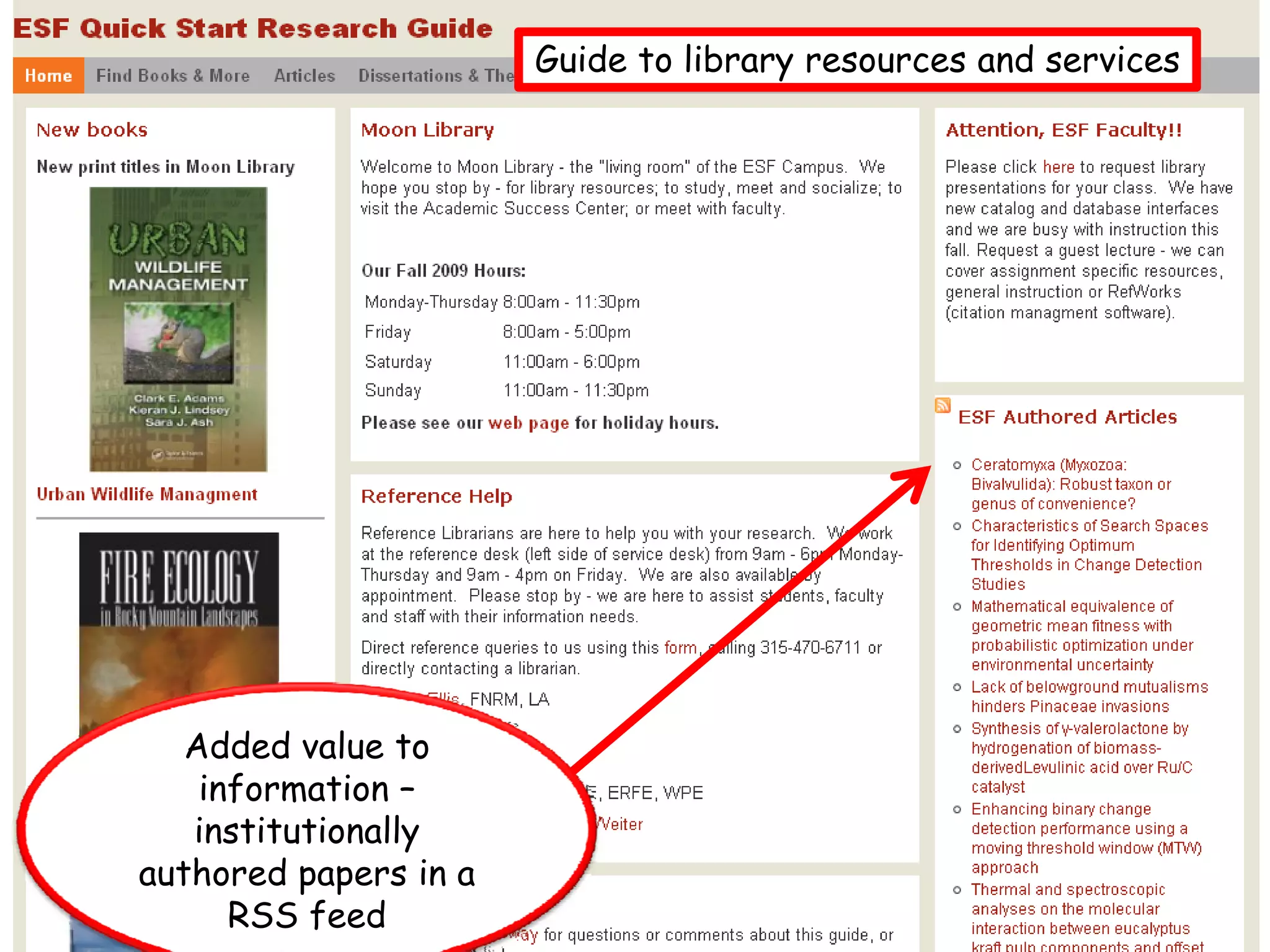 Guide to library resources and services




   Added value to
    information –
   institutionally
authored papers in a
      RSS feed
 
