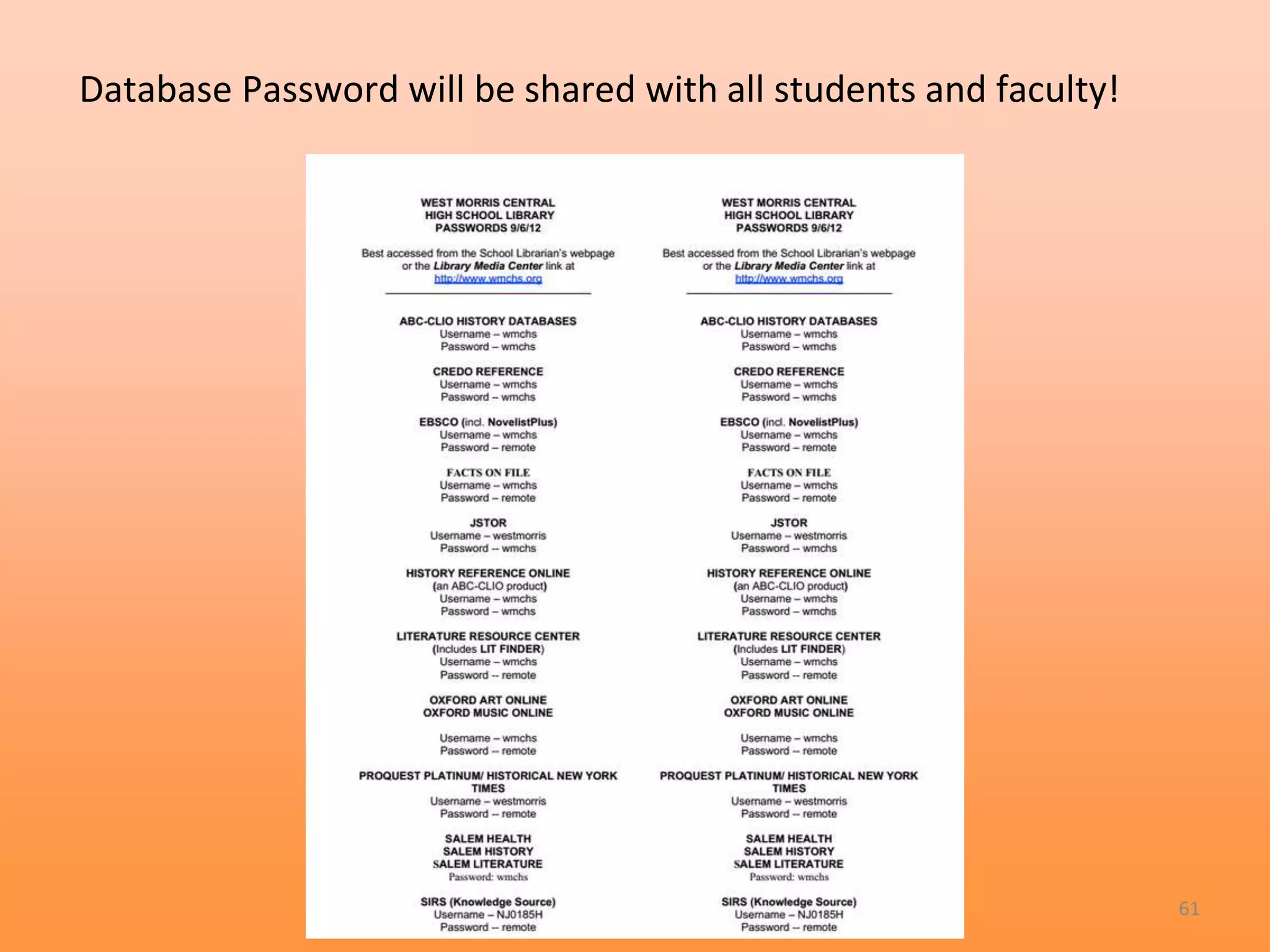 Database Password will be shared with all students and faculty! 
61 
 