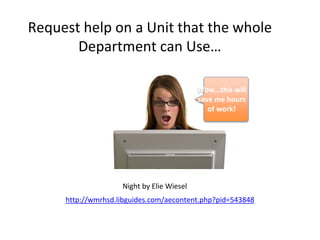 Request help on a Unit that the whole 
Department can Use… 
Night by Elie Wiesel 
Wow…this will 
save me hours 
of work! 
http://wmrhsd.libguides.com/aecontent.php?pid=543848 
 