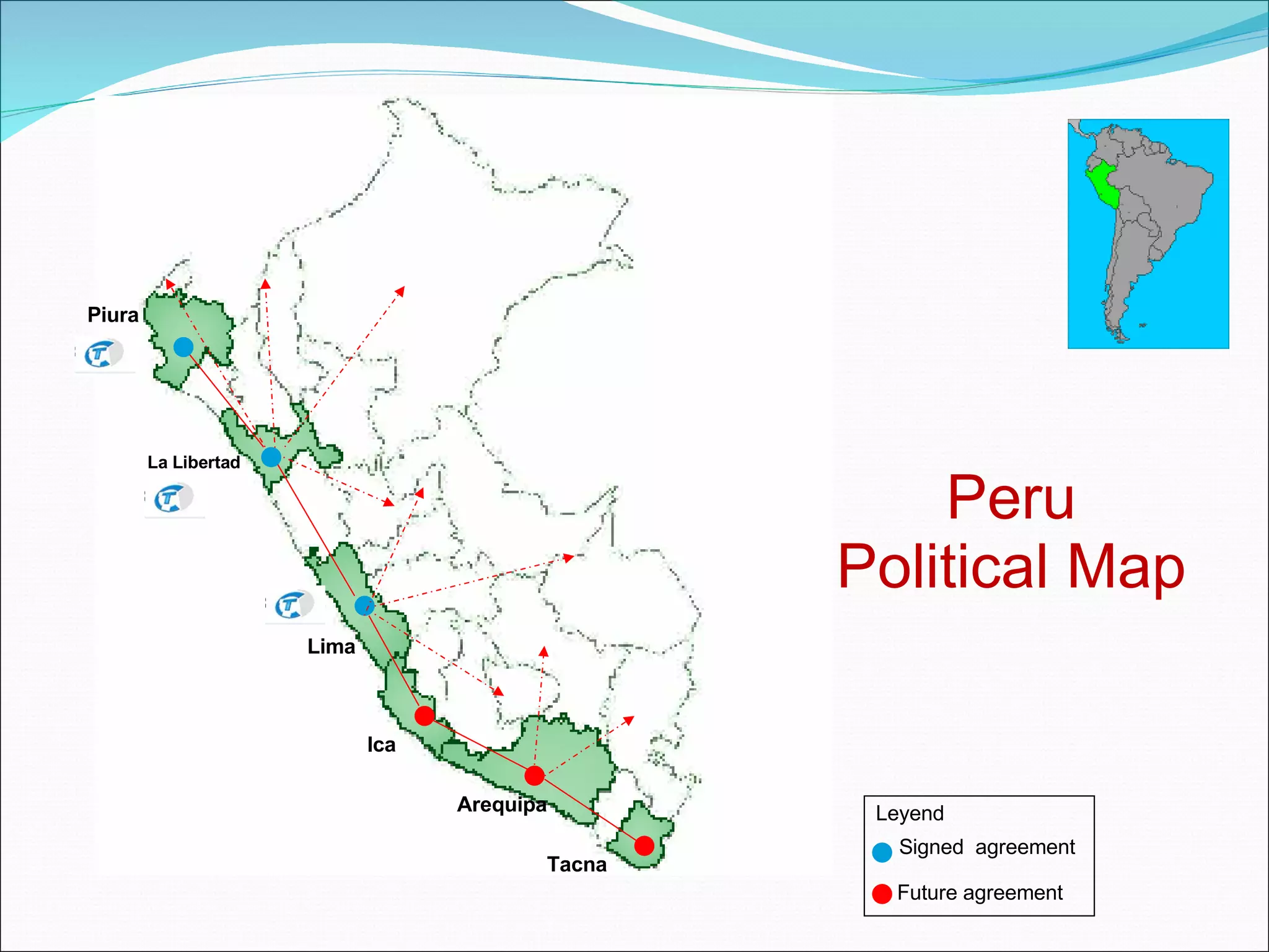 Tacna Arequipa Ica Lima La Libertad Piura Peru Political Map Signed  agreement Future agreement  Leyend 
