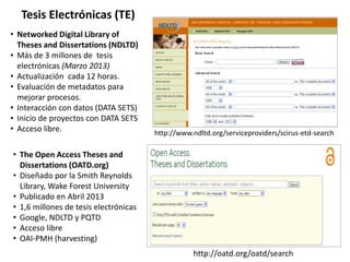 http://oatd.org/oatd/search
• The Open Access Theses and
Dissertations (OATD.org)
• Diseñado por la Smith Reynolds
Library...