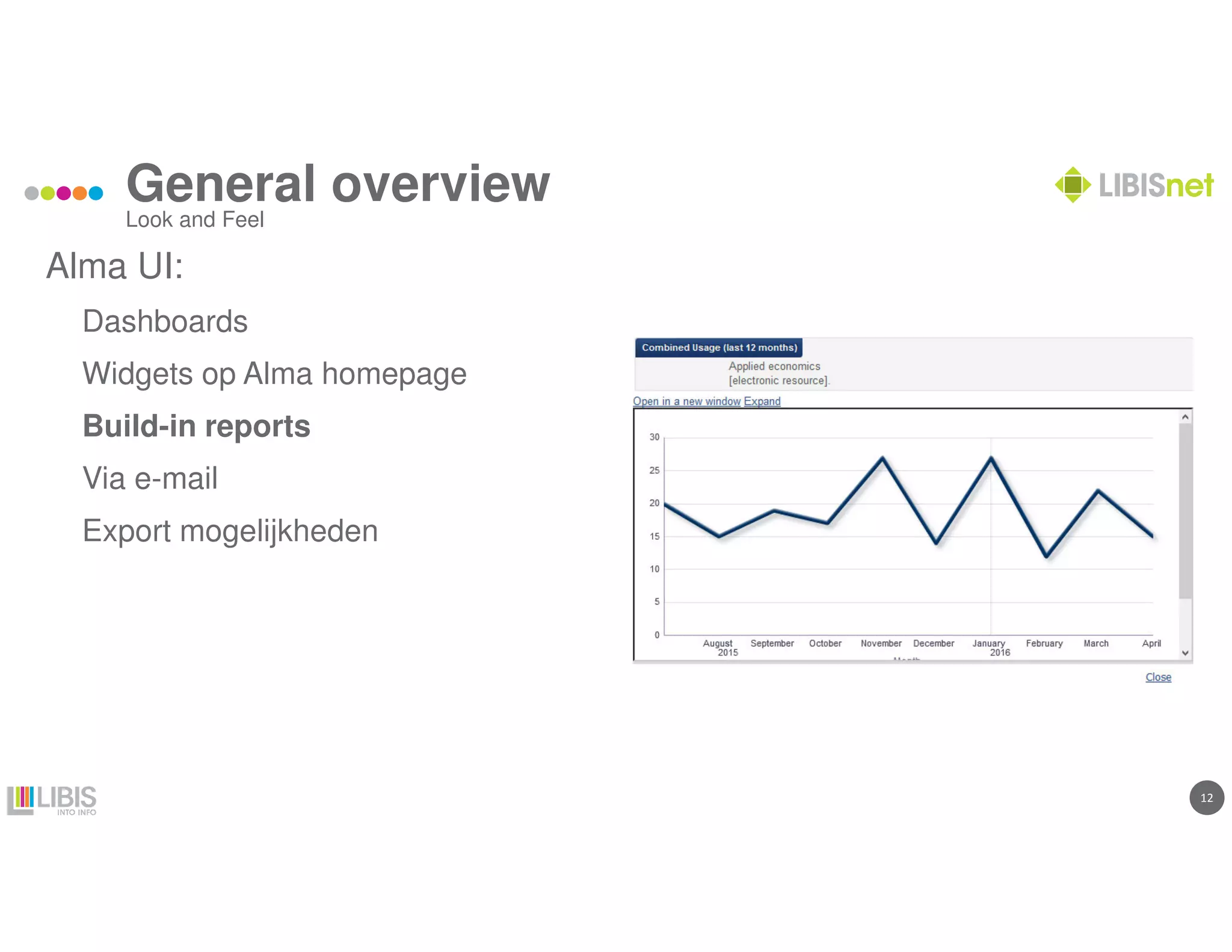 12
General overview
Alma UI:
Dashboards
Widgets op Alma homepage
Build-in reports
Via e-mail
Export mogelijkheden
Look and Feel
 