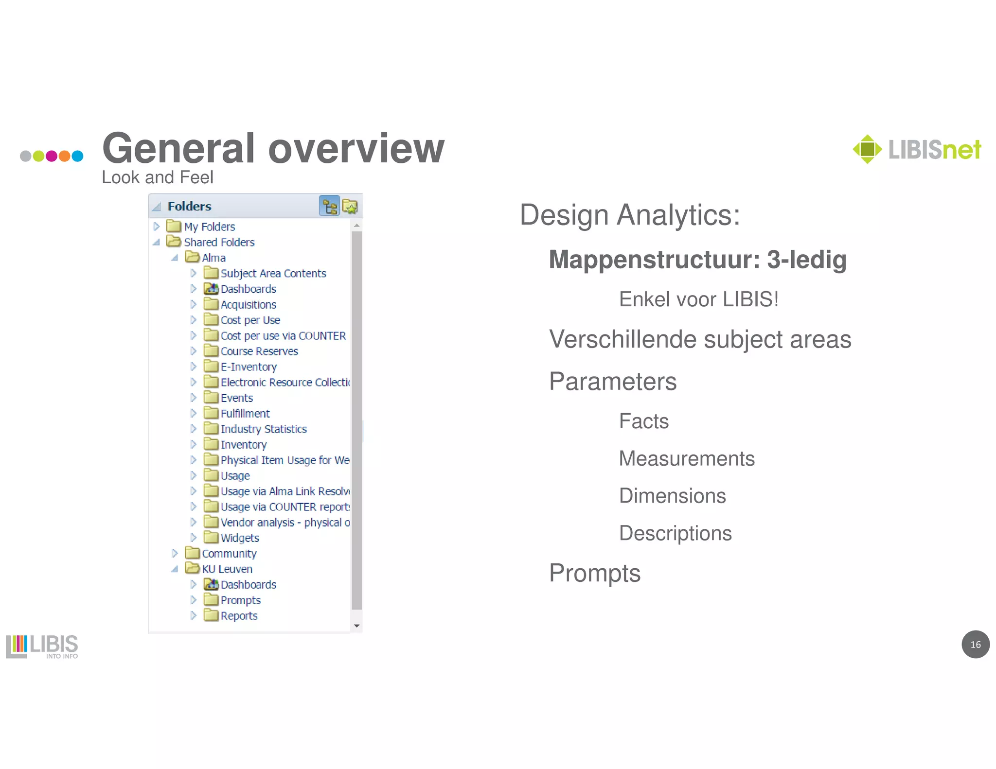 16
General overview
Look and Feel
Design Analytics:
Mappenstructuur: 3-ledig
Enkel voor LIBIS!
Verschillende subject areas
Parameters
Facts
Measurements
Dimensions
Descriptions
Prompts
 
