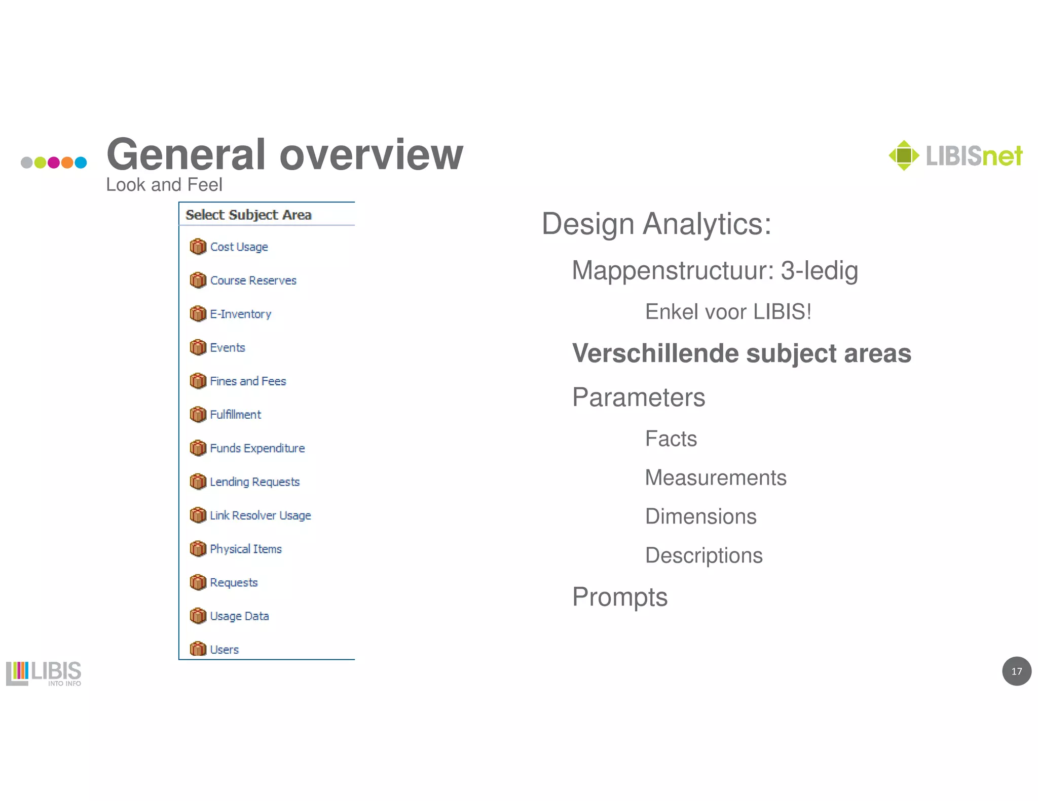 17
General overview
Look and Feel
Design Analytics:
Mappenstructuur: 3-ledig
Enkel voor LIBIS!
Verschillende subject areas
Parameters
Facts
Measurements
Dimensions
Descriptions
Prompts
 
